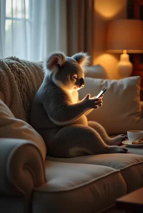 A cozy living room scene with a koala sitting on a plush sofa, viewed from behind. The koalas fluffy ears and head are visible over the backrest as it holds a sleek smartphone in its paws, intently scrolling. The warm glow of the phone screen illuminates t...