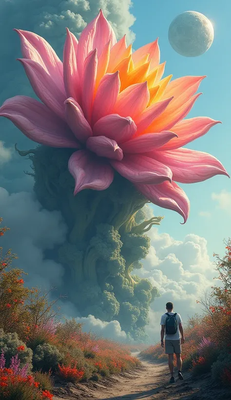 It creates a futuristic image, of a giant flower plant, full of colors, it is intertwined, it is from another world, and there is a man looking at it, he is amazed by its beauty, he is heading towards it.