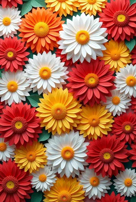 Illustration of a seamless 3D pattern of a colorful floral composition of chrysanthemum flowers, with their exaggeratedly marked 3D petals. There are many vibrant chrysanthemum flowers with equal sizes, with very vivid, dazzling and bright colors that look...