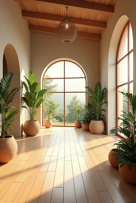  A 3D image of a modern and welcoming wellness center ,  with a warm and relaxing environment .  The center has large open spaces ,  with high ceilings and windows that allow natural light to enter .  The floors are made of light wood and the walls are dec...