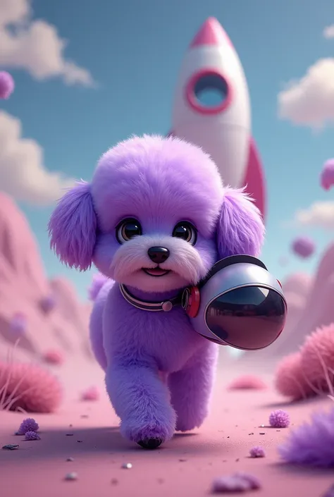 A Bichon dog with all purple fur, From the back heading towards a special rocket with the helmet under the arm