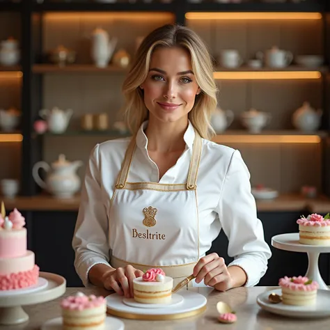 Realistic portrait of Ana Hickmann ,  television presenter and former model ,  in a sophisticated pastry setting .  She wears an elegant white pastry chef uniform , with gold details,  an impeccable apron and the logo of a luxury pastry shop .  Ana is hold...