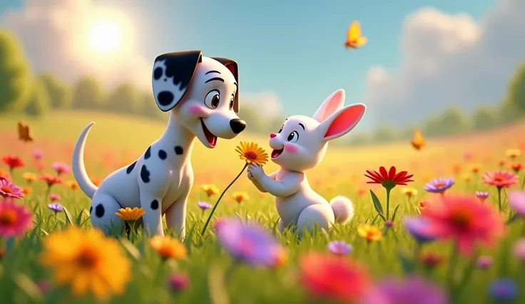  An animated 3D Disney scene of a white Dalmatian puppy dog with black spots, and Beni ,  the little white rabbit ,  are in a vibrant flower bed beautiful sunny morning .  Max is sniffing out a colorful flower ,  with their attentive ears and a smile on th...