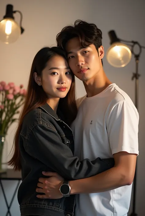 A photo of couple lovers, a beautiful korean woman chubby looking at the camera with long straight brown hair and thick eyebrows. a handsome korean man, they are wearing a black jean jacket, white t-shirt, with wearing a watch. the background is modern stu...