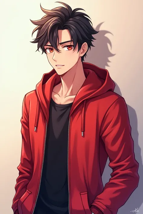 anime - style image of a man in a red jacket with a hoodie, young anime man, male anime character, male anime style, handsome anime pose, anime boy, detailed anime character art, anime handsome man, anime style character, high quality anime artstyle, eren ...