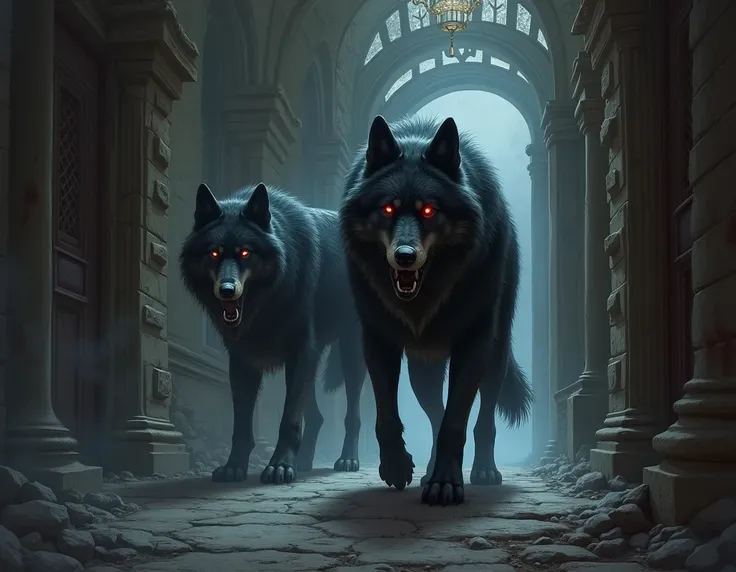 black and gray wolves with red eyes walking in a castle