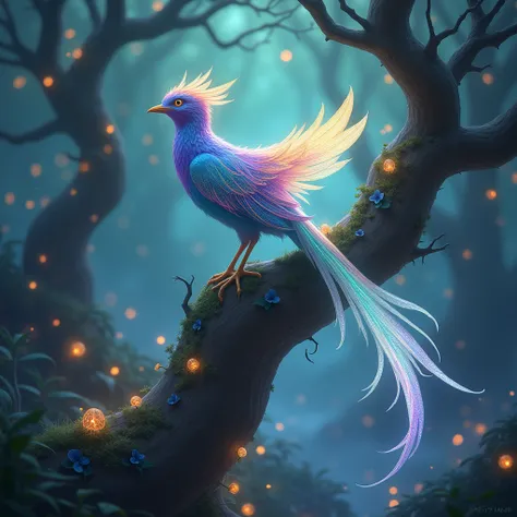 A majestic bird with iridescent feathers glowing in shades of teal, violet, and gold. It has a long, flowing tail resembling a comets trail. The bird perches on a luminous tree with bioluminescent fungi, surrounded by an enchanted forest with swirling mist...