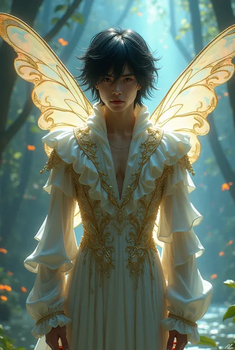 man with black hair and costume with fairy wings