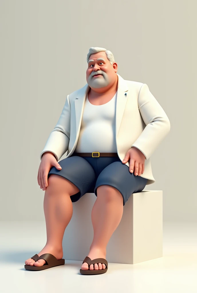  mens white in a dark blue suit,  dark blue shorts , slightly fat, toe sandals , sitting, simple background ,  3D rendering ,  illustration, 