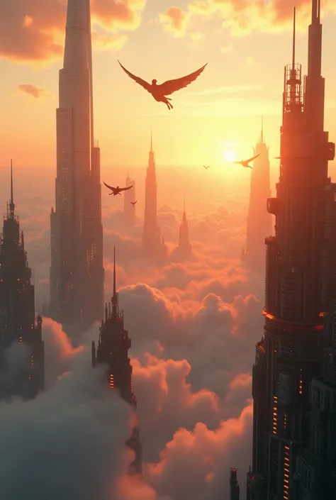 ""A futuristic city skyline at sunset, with glowing skyscrapers. In the sky, humans with realistic bird-like wings are flying gracefully, some commuting, others enjoying the view. The atmosphere is magical and slightly surreal, with soft clouds and warm li...