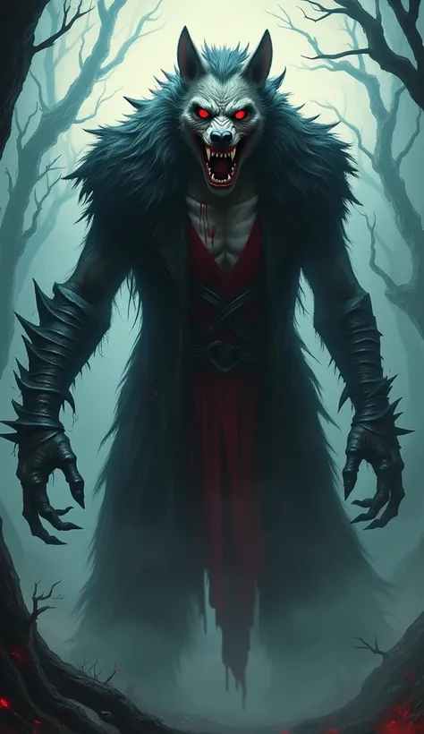 "Design a horrifying hybrid character that merges a regal vampire with a ravenous werewolf. The creature should have the towering, humanoid form of a vampire, with pale, blood-streaked skin and glowing red eyes, but its face should contort into a snarling ...