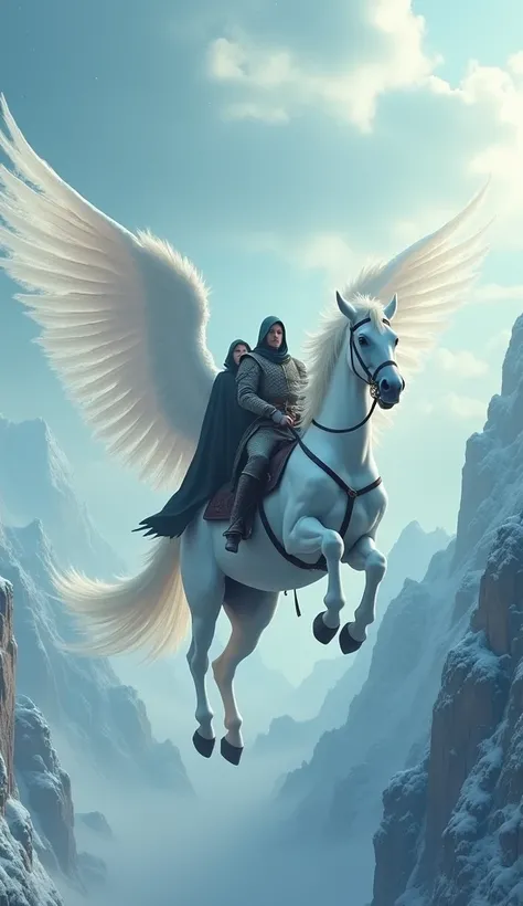 Generate an ultra-realistic image of a medieval group flying on a winged white ghost horse through the skies in an icy landscape