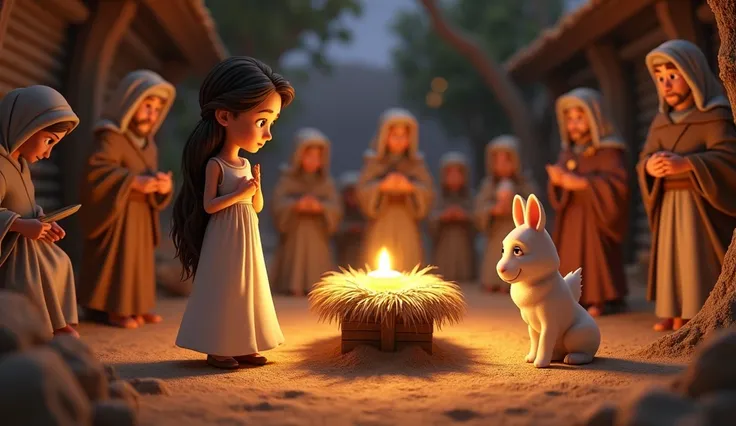 An illustration of the nativity scene, with Alice narrating the message of love, hope and salvation that the birth of Jesus brought to the world

3D image pixar 16:9 aspect ratio