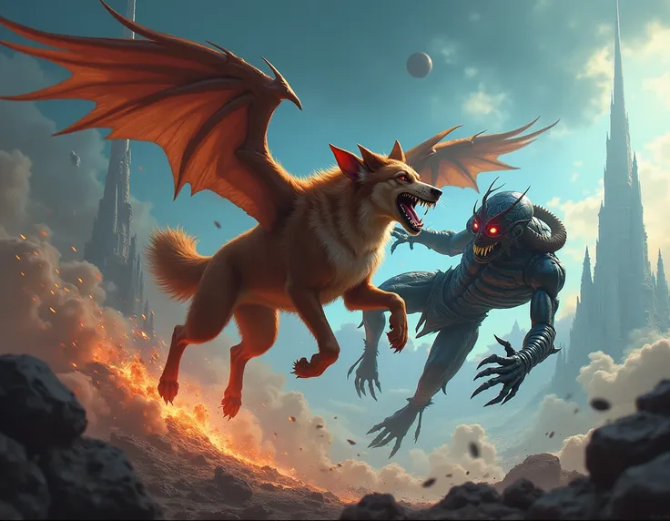 Flying dog fighting an alien