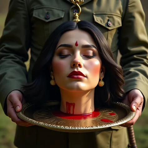 Cleanly decapitated severed head of an Actress, resting on a platter holding by soldier. Few blood on platter. The Chubby Womans features are serene and graceful, with soft, glowing golden-brown skin. Her eyes are closed in peaceful repose, and her full li...