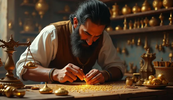 A traditional jeweler’s shop with an experienced goldsmith using Ratti seeds and modern tools to measure gold. The workspace includes a balance scale, gold ornaments, and Ratti seeds placed neatly on the counter. The jeweler is shown focusing on precise me...