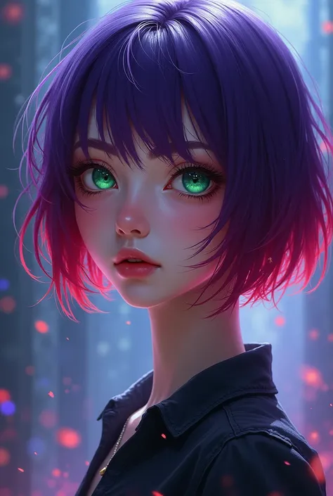 Agirl with short purple hair and red hilights, she has green eyes 