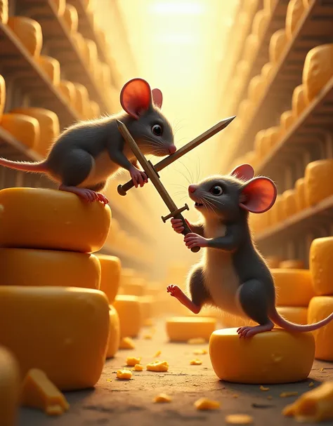 
2. Prompt 2: A scene of two mice in a cheese factory fighting over a large block of cheese. One mouse is climbing up a stack of cheese wheels while the other is trying to block it with a small wooden shield. Their tiny swords gleam under the bright overhe...