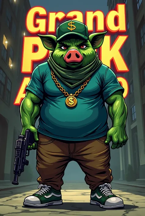  Sexy muscular green pig with an evil face ,  gun wearing a chain with a gold-plated money symbol ,  scarf covering face ,  green cap on the head , blue t-shirt, brown pants, sneakers by Vans brand ,  holding a tec 9 ,  on the background of the image is wr...