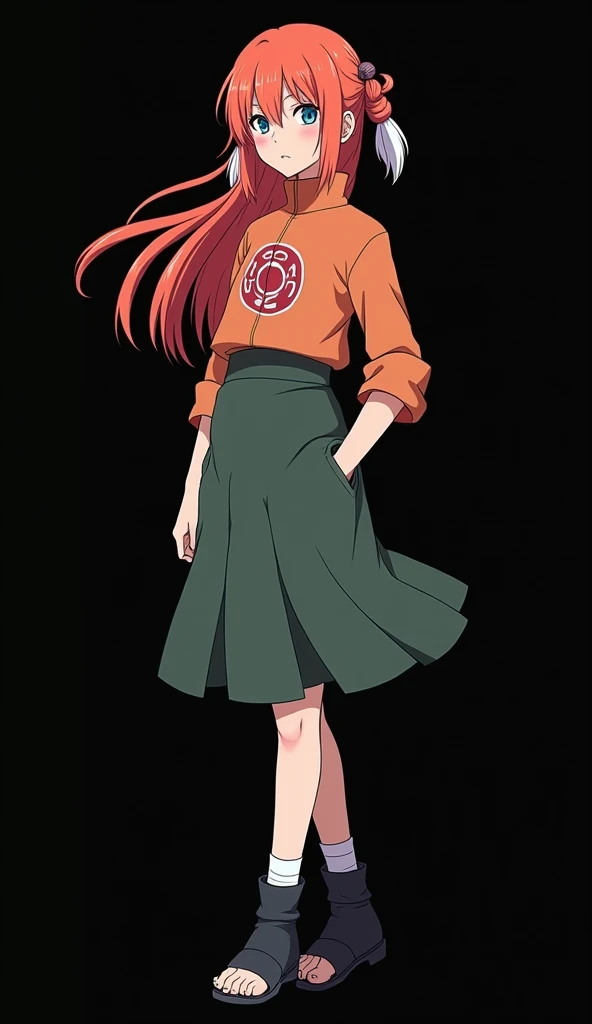  anime-style character, inspired by Naruto, with a slender and beautiful full-bodied fair skin, fiery orange red hair and very smooth hair with two white locks highlighted on the front, similar to those of Rogue from the X-Men, light blue-green eyes withou...