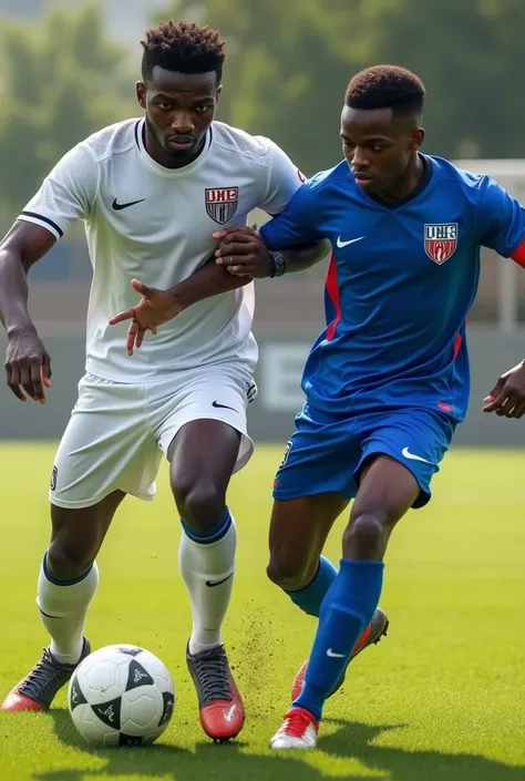 Un joueur de foot du lycée MBA habillé en blanc vs un joueur du lycée DÉTAT habillé en bleu les deux de couleurs de peaux noir et de sexe masculin 
Effet réaliste 