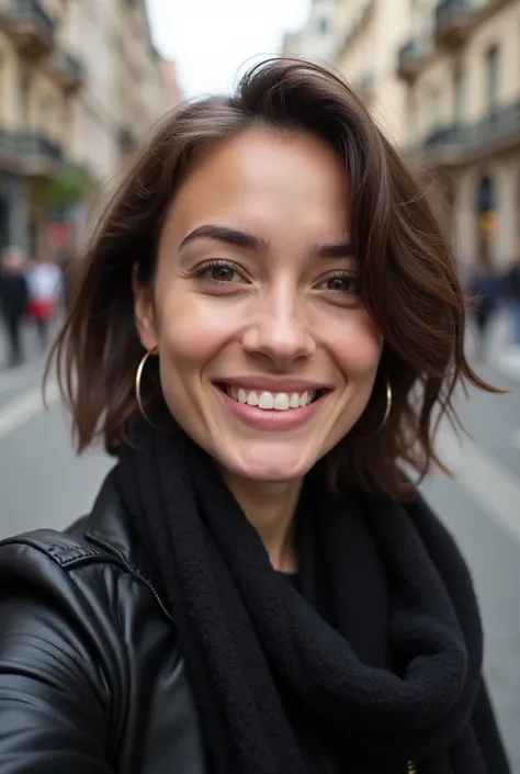 Photo femme de 20 ans brune aux cheveux courts et ondules. Elle est souriante, très naturelle, yeux fins, nez fin, sourcils fins, long cils, peau claire.
Elle prend un selfie avec une veste en cuir noir et une echarpe dans la rue.