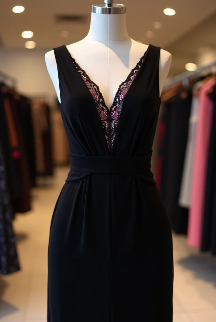  Create a beautiful intense black dress that is striking ,  the shape of the dress has a V-cut in the center of her breasts it has pink black and shiny , The dress reaches her thighs with an elegant and striking cut, for an evening dinner ,  that can be ad...