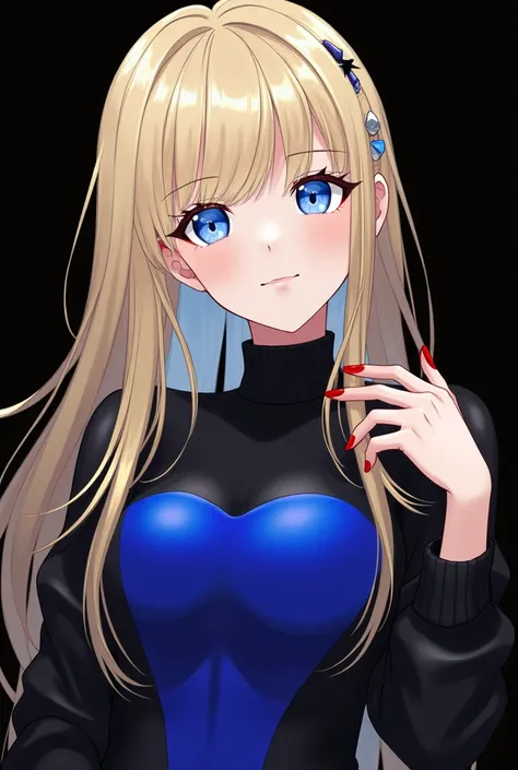 
+ Girl+brutal+Blonde hair+Blue eyes+small+cartoon+Half body+Beautiful eyelashes+Blue highlights+Long hair+Cool black turtleneck blouse+เอามือประสานกันข้างหน้าbrutalๆ+Red nails+ black background+Glowing blue bodice