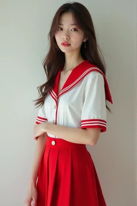 Beautiful woman wearing red and white school uniform posing 