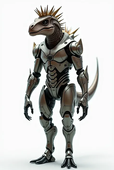 white background image of a futuristic humanoid with dinosaur head with a crown