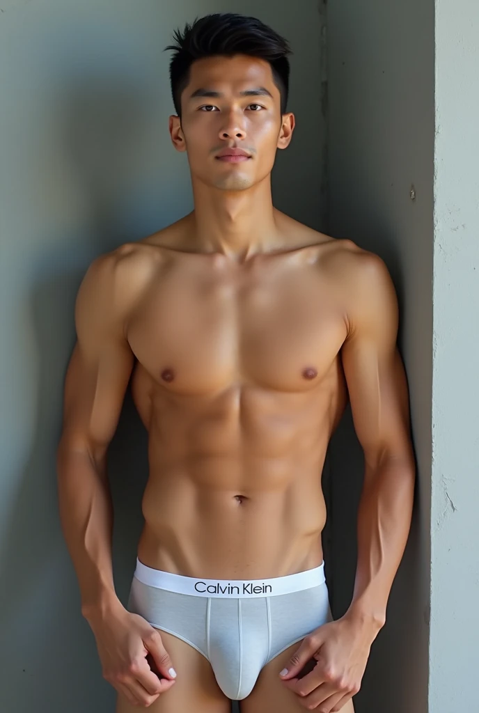 Handsome Laos Guy, Photoshoot, Shirtless, Abs, Wearing "Calvin Klein" Underwear, Detailed Face, Detailed, Detailed Skin, Highly Detailed, Ultra HD, Handsome Face, Standing, Grey wall as an background, Full Body