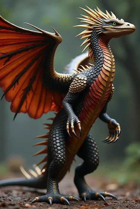 A hybrid creature that combines the powerful and majestic features of a Garuda and a Komodo Dragon. Its body is long and serpentine, covered in tough, durable scales that range in shades of dark red, gold, and black. The creature has massive, robust wings ...