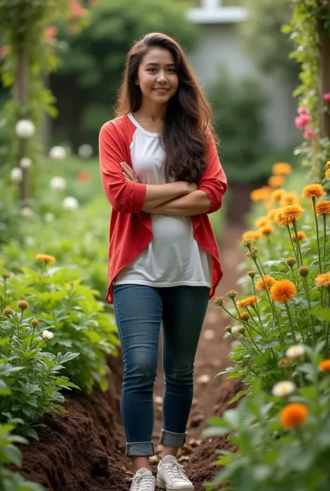 Brunette woman long hair black gardener red white blouse dark eyes white sneakers crossed arms smiling 