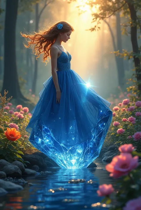 Beautiful girl inside a sapphire. The sun shines through the sapphire from behind, rays of light. In the beautiful colorful spring forest Best quality, realistic anatomy, high details, very detailed, U-shaped neckline, flower and water