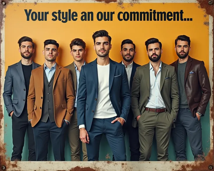  create a vintage sign in a lying position of 1 ,10 meters by 2 meters ,  above the image must be written in Portuguese ,  Your style is our commitment ...,  and below the image of 7 elegant young men with a vintage but also modern haircut . ,  wearing fin...