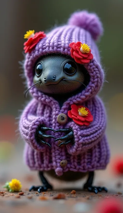 
A charming baby beetle is wearing a cozy purple knitted sweater with a matching hat with a pompom, decorated with red flowers such as pink roses and yellow flowers. The beetle is standing on its hands, looking directly at the viewer with a cute and innoce...