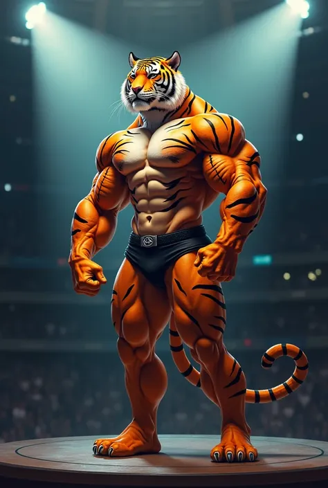 "Create a highly detailed and dynamic illustration of an anthropomorphic tiger bodybuilder standing on a stage under dramatic spotlights. The tiger has a muscular and well-defined physique, showcasing powerful arms, legs, and a broad chest. Its fur is oran...