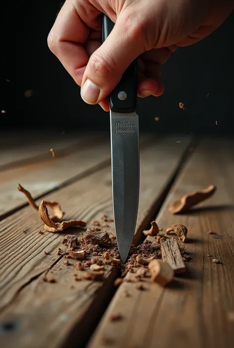 Knife pierced the table,Shaped , hand on the knife,splinters