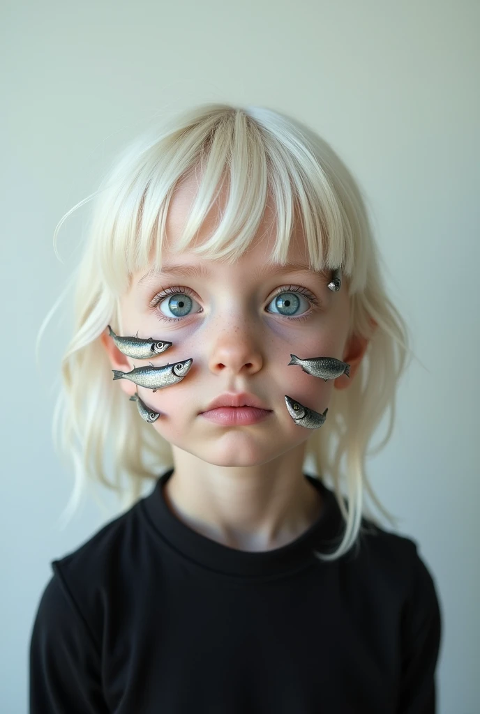  A girl, white hair, light blue eyes, with sardines on the face, black shirt 