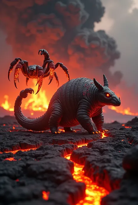 4k, hyper-realistic, a heavily armored armadillo with glowing red-hot edges on its shell standing defiantly on a cracked volcanic plain, surrounded by rivers of molten lava. Across from it, a colossal lava scorpion with molten claws dripping fiery liquid a...