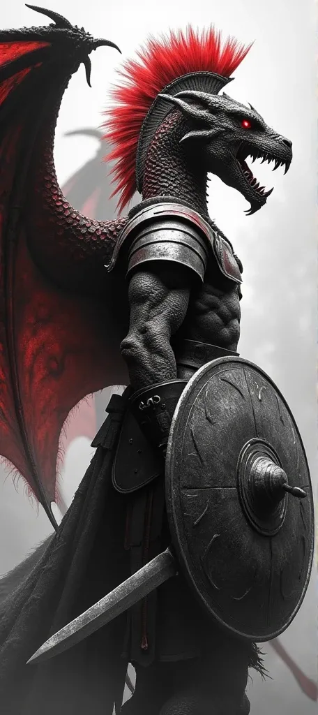 A dragon with wings and legs. Dragon have red eyes. a sparta warrior with helmet shield and sword, with some red in warriors outfit. black and white, warior facing towards screen and dragon merged around redting head on warriors shoulder, realistic