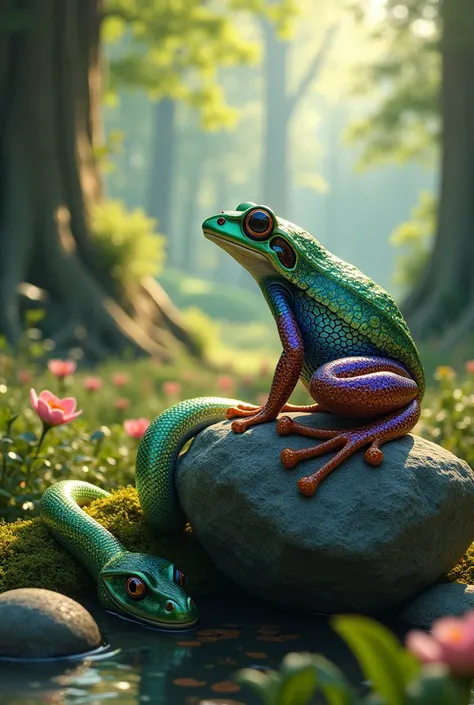 Create an image of a frog and a snake