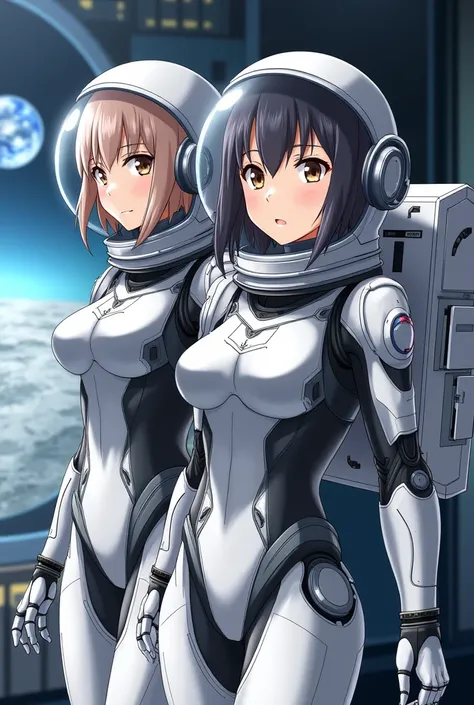 masterpiece, Highest quality, high resolution, newest, 2girls, friends, (group shot):5, (upper body):5, kyoto animation style, detailed, BREAK lunar base interior and exterior, moon surface exploration, lunar landscape, BREAK (white and black mechanical sp...