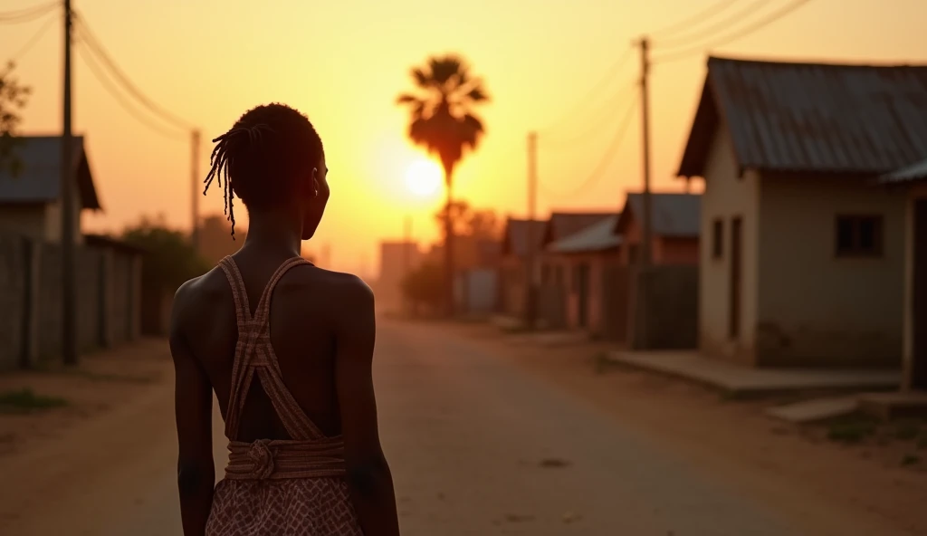 a young lady hot, and young hot man African , African village vibe  Lena in Isolation, Silent Strength
A young woman standing on a quiet, desolate street, her back to the camera, facing an empty horizon. The sun sets behind her, casting a warm yet somber g...