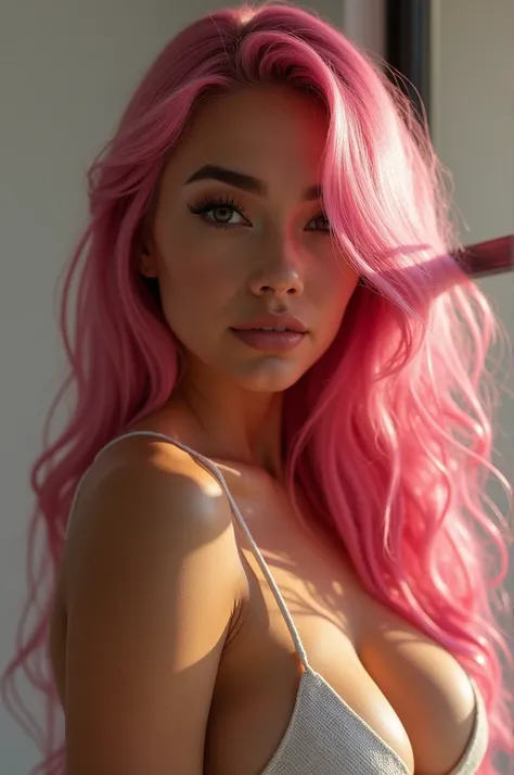 Create a super pretty pink-haired Brazilian without even a dress with big boobs 