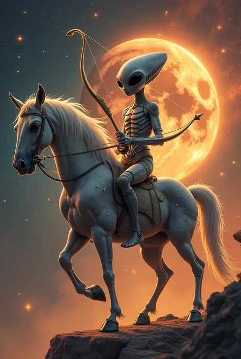 "Create an 8K, hyper-realistic and extremely detailed illustration designed for t-shirt printing. The art features an extraterrestrial gray, with his iconic large black eyes and elegant, elongated body, riding on a mythological, celestial centaur represent...