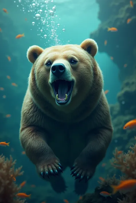 ,  realistic diving bear photo, bubble , Fish around  , ( depth of field ),  better quality ,  amazing quality ,  very aesthetic ,  absurdres,  INTRICATE DETAILS ,  ultra detailed , photoreal underwater bear  