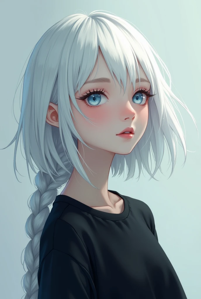  A girl, white hair, light blue eyes , black shirt  