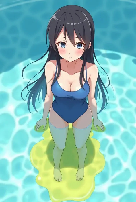 Anime girl, girl in the pool, girl in a blue swimsuit, pissing, pissing herself, pissing bright yellow urine, bright yellow urine gets into the pool, bright yellow urine dissolves in the pool