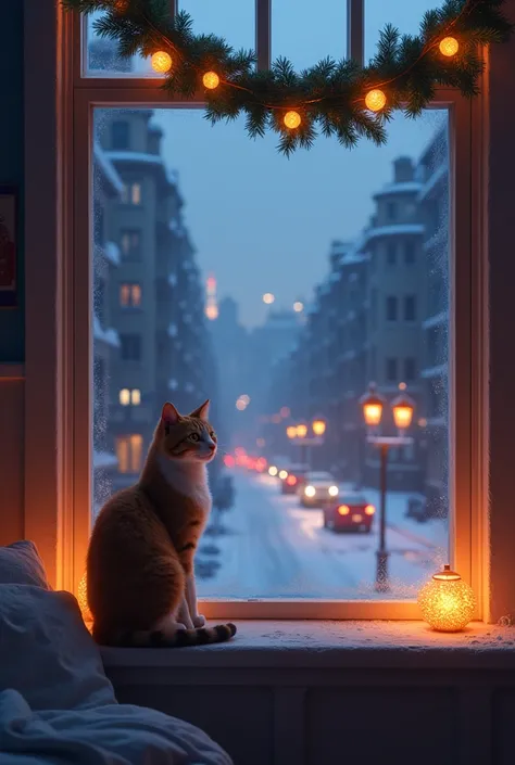  A large window with a garland and a large windowsill, on which a cat is sitting ,  and outside the window is a winter evening city 